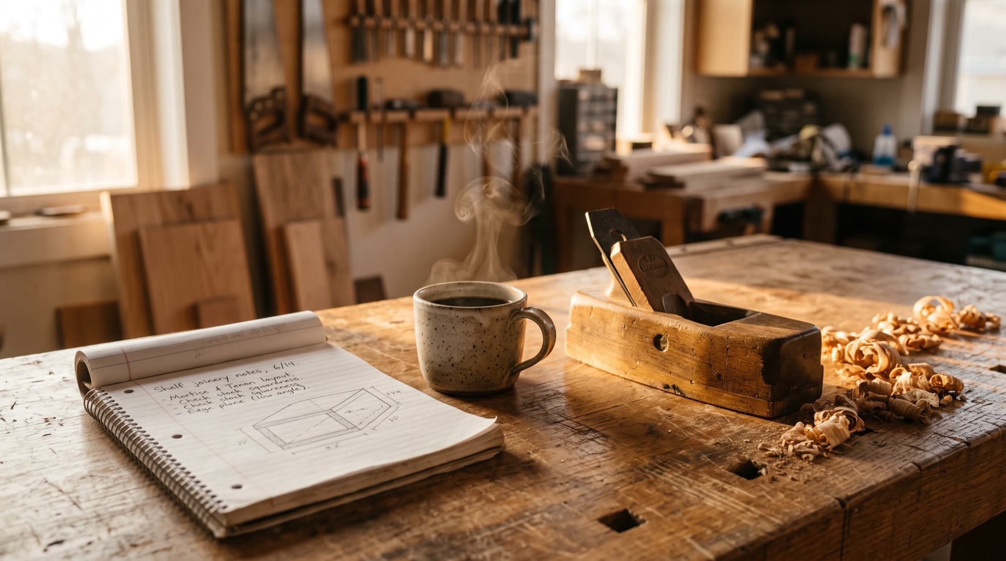 A workbench with an open notebook, a coffee cup, and a hand plane