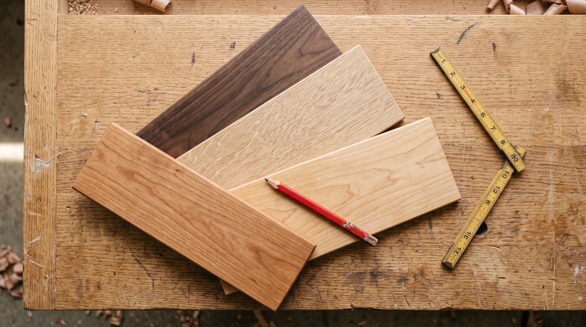 Hardwood samples fanned out beside a measuring tape
