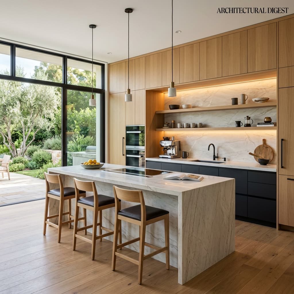 Custom European cabinetry kitchen elevation with architectural waterfall island