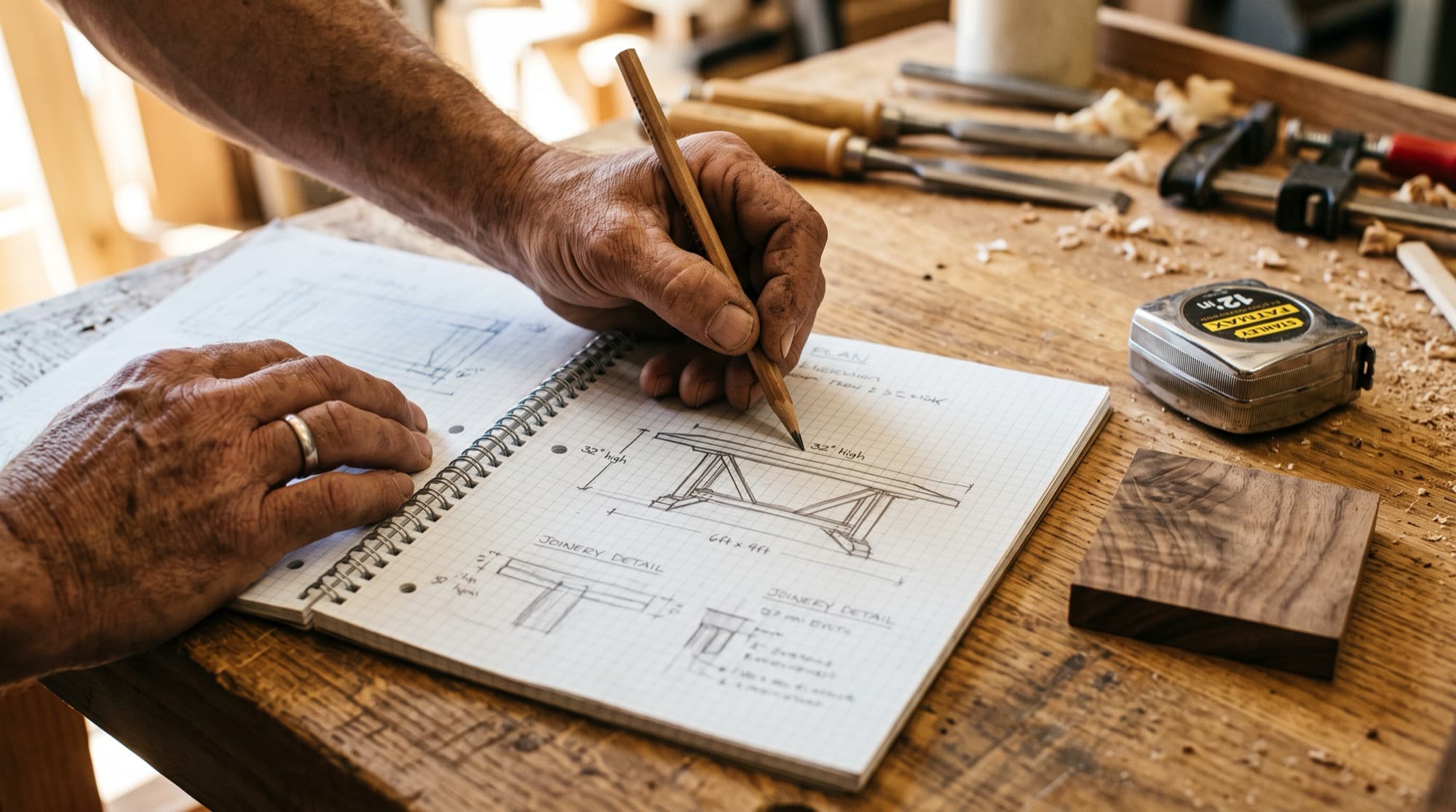 Hands sketching a furniture plan in pencil at the workbench