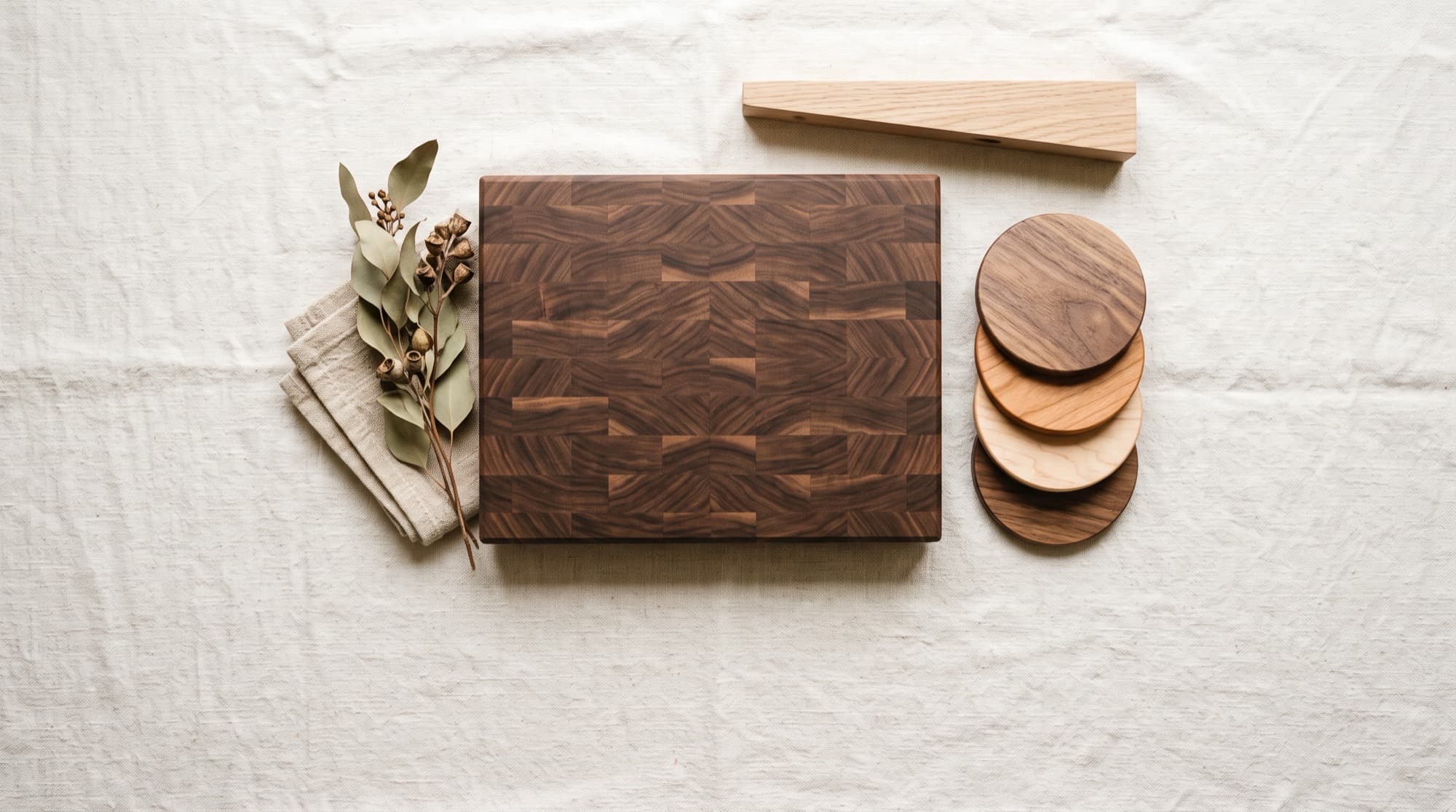 Finished hardwood boards, coasters, and a floating shelf laid out on the bench
