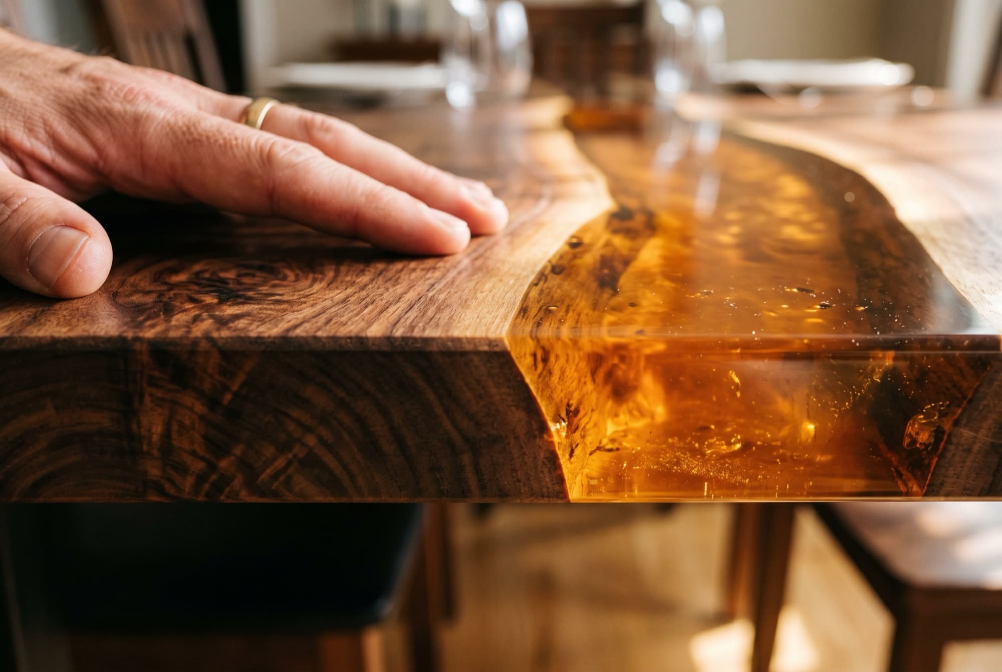 Bookmatched walnut slab with live edges before the resin pour