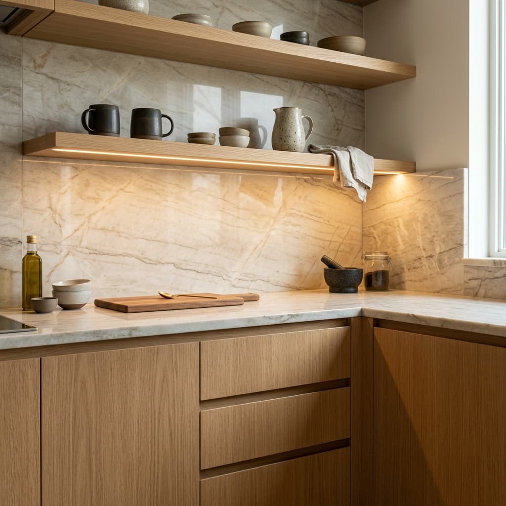 Detail of white oak drawer fronts and brass hardware